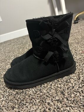 UGG Black Suede Shearling Bow Ankle Boots